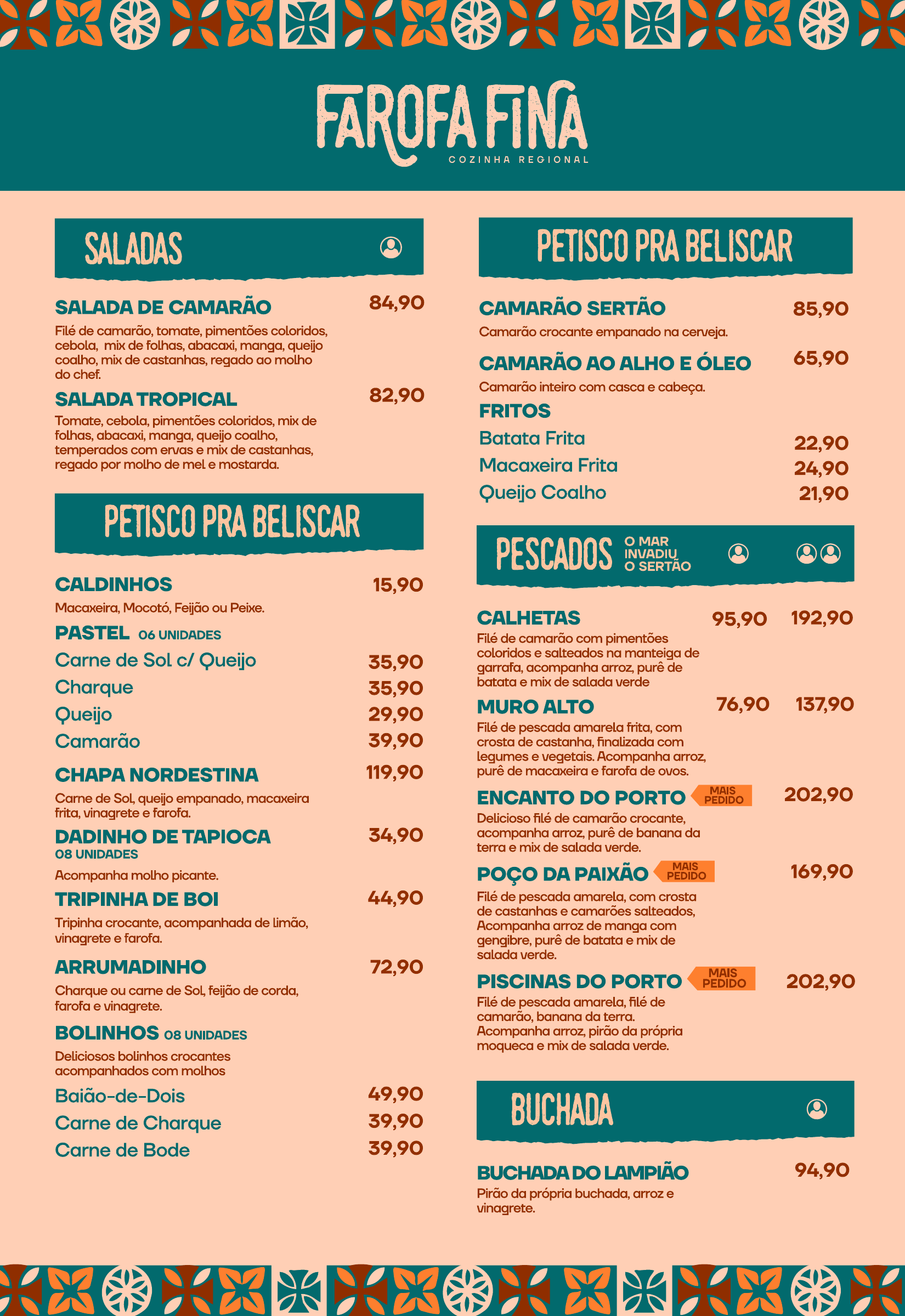 Página 1 do cardápio: Saladas, petiscos, pescados e buchada. Use ampliar para ler os itens e preços.