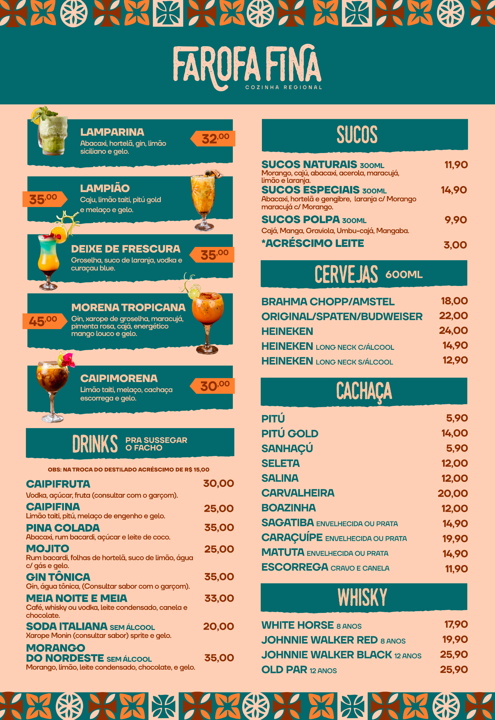 Página 3 do cardápio: Drinks, sucos, cervejas, cachaças e whisky. Use ampliar para ler os itens e preços.