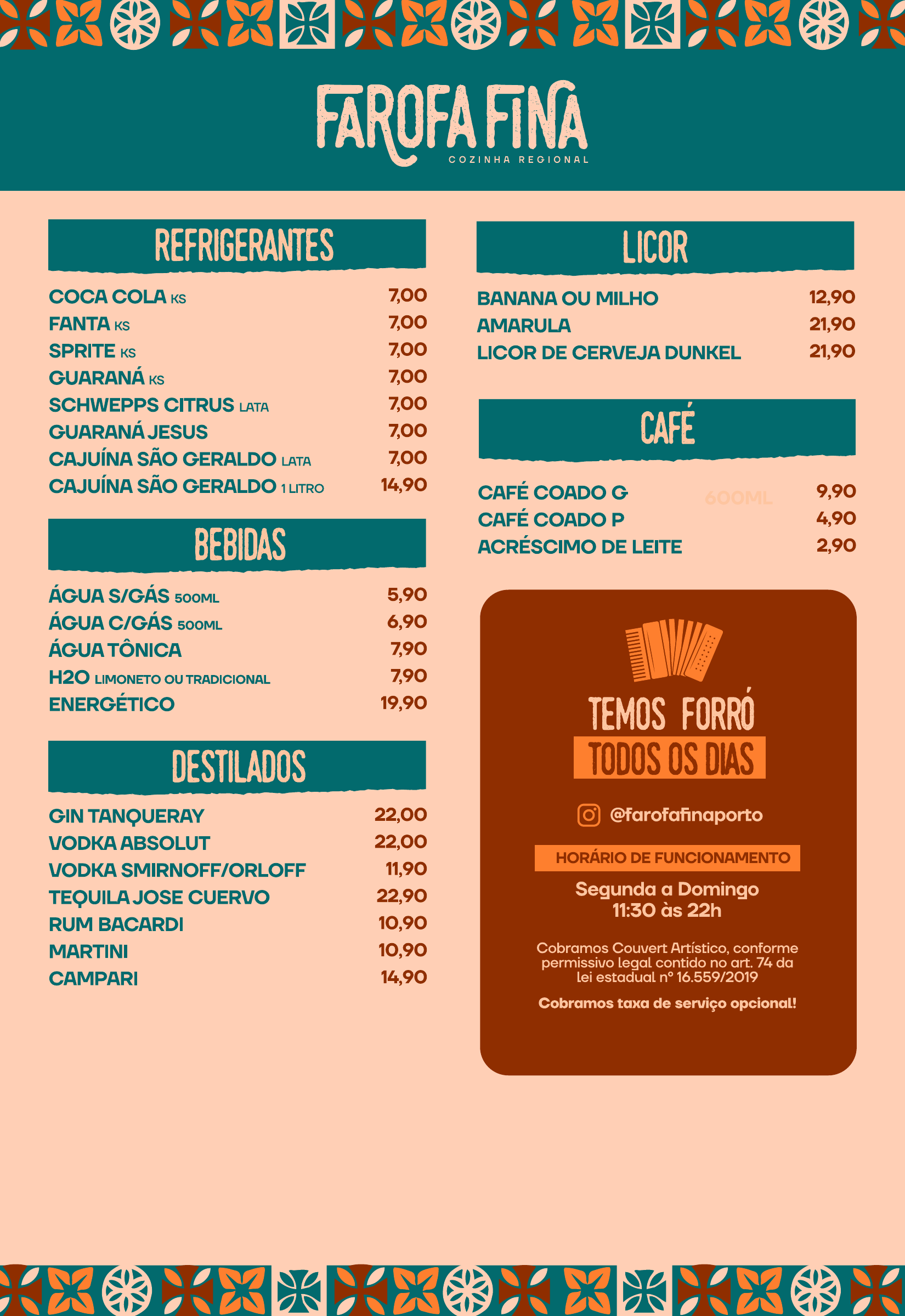 Página 4 do cardápio: Refrigerantes, bebidas, destilados, licores e café. Use ampliar para ler os itens e preços.